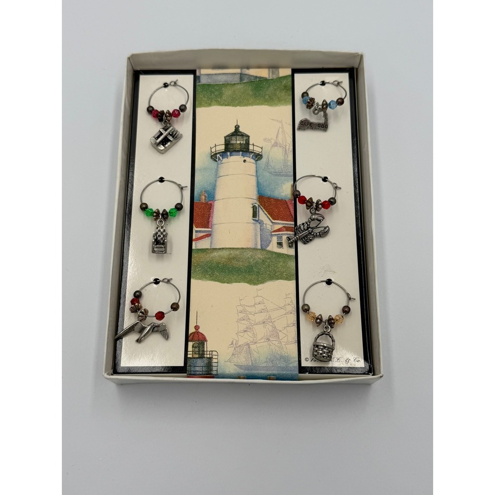 Vintage Nautical Wine Glass Charms Set 6 Cape Cod Lobster Seagull Pewter